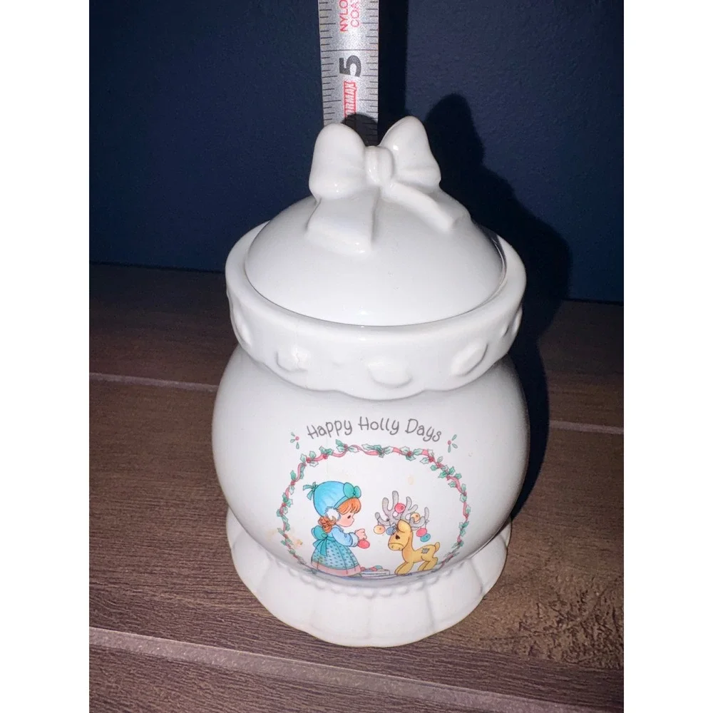 Precious Moments 1994 Happy Holly Days Ceramic Jar‎ Bow Lid Enesco Christmas